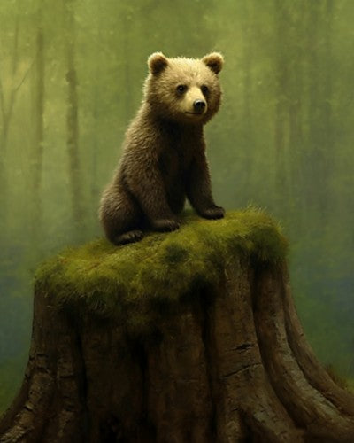 Bear cub on a stump - Art Print