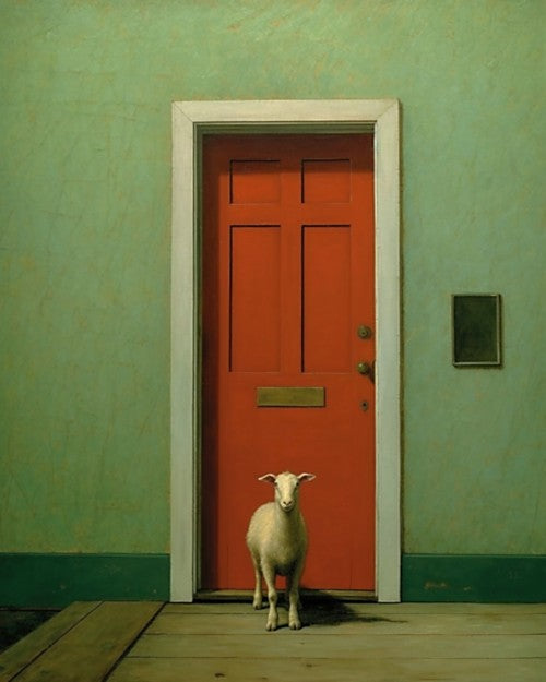 Sheep outside Red Door- Art Print