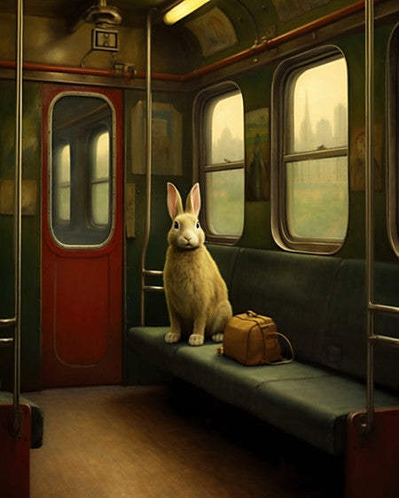 Rabbit with luggage on a train- Art Print