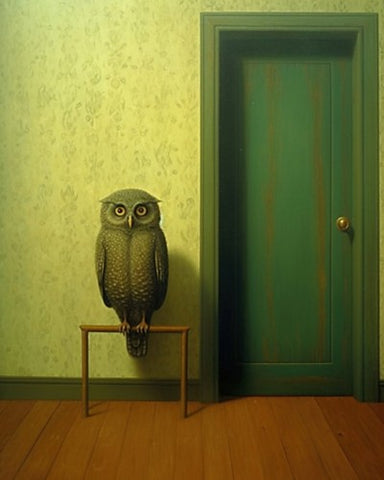 Owl at the green door  - Art Print
